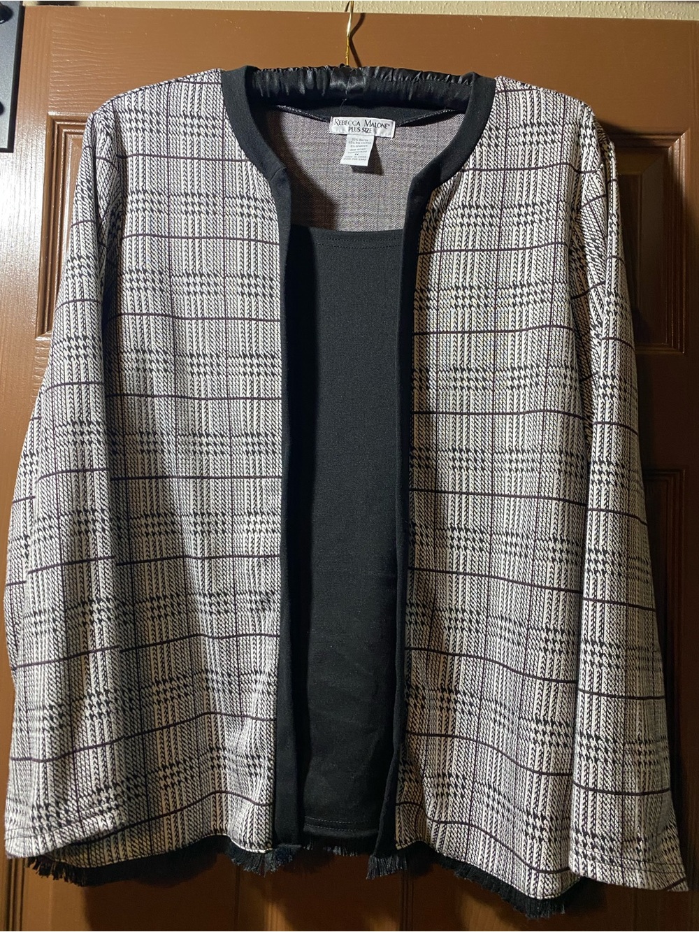 Rebecca Malone Plus Size 1X Black White Plaid Fringe Trim Open Front Jacket Top